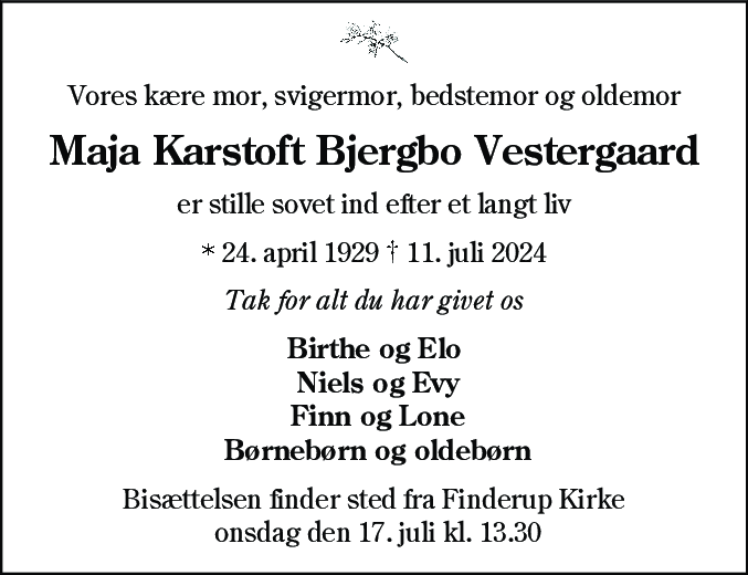 Dødsannonce for Maja Karstoft Bjergbo Vestergaard