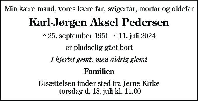 Dødsannonce for Karl Jørgen Aksel Pedersen