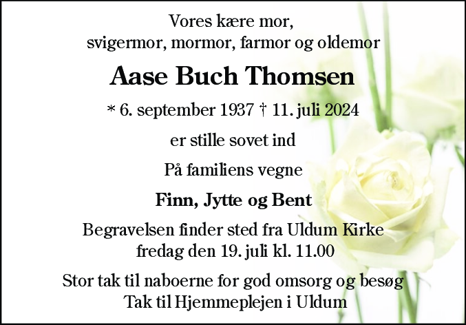 Dødsannonce for Aase Buch Thomsen