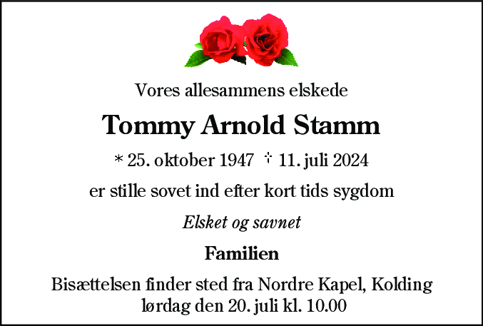 Dødsannonce for Tommy Arnold Stamm