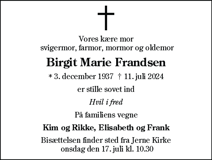 Dødsannonce for Birgit Marie Frandsen