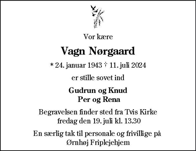 Dødsannonce for Vagn Nørgaard