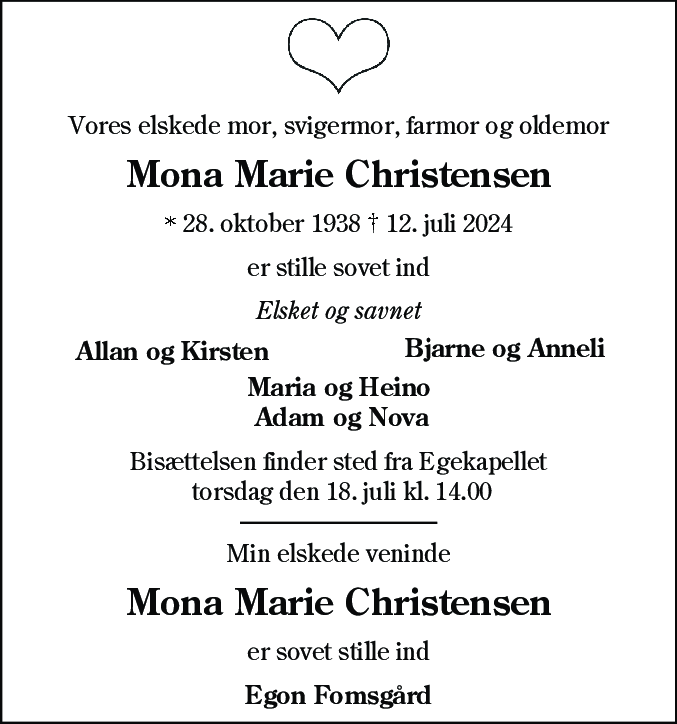 Dødsannonce for Mona Marie Christensen