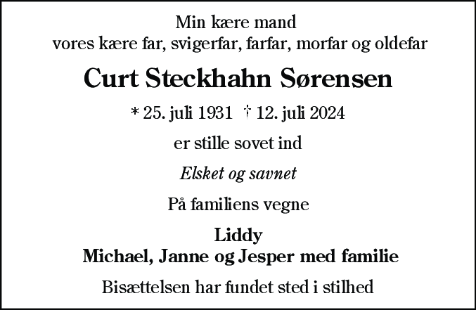 Dødsannonce for Curt Steckhahn Sørensen