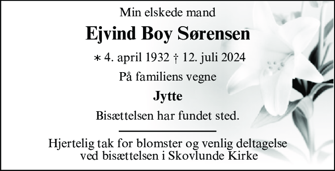 Dødsannonce for Ejvind Boy Sørensen