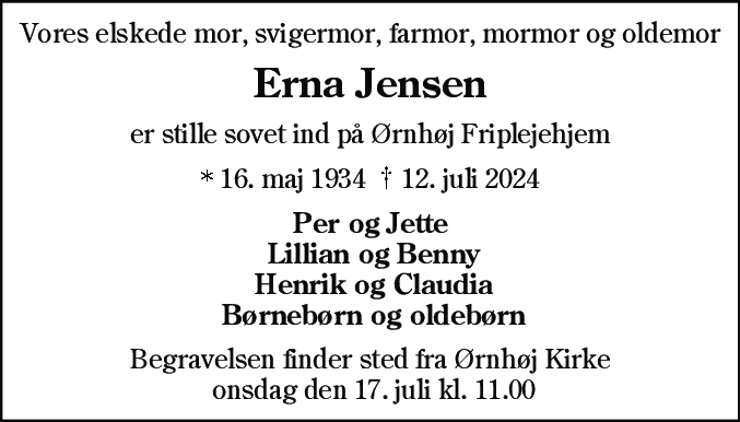 Dødsannonce for Erna Jensen