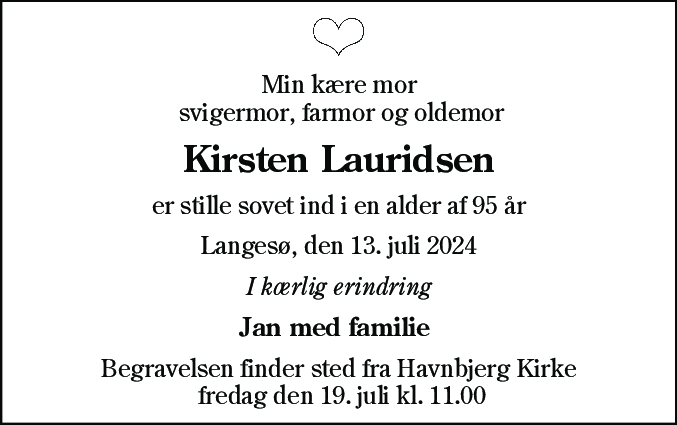 Dødsannonce for Kirsten Lauridsen