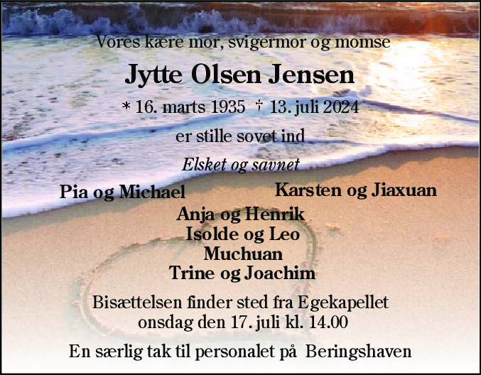 Dødsannonce for Jytte Jensen