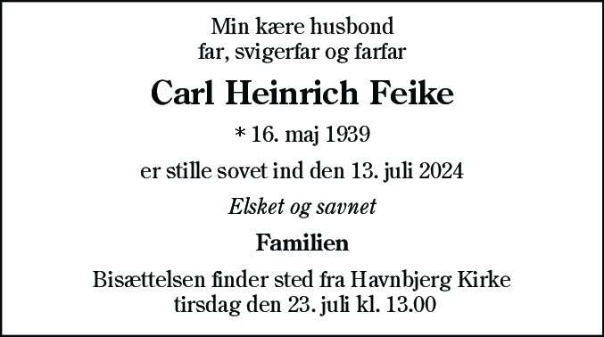 Dødsannonce for Carl Heinrich Feike