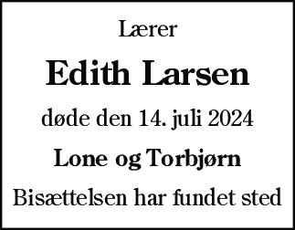 Dødsannonce for Edith Larsen