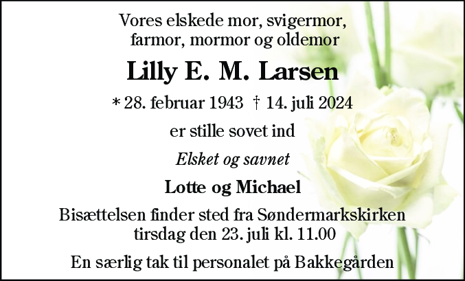 Dødsannonce for Lilly Else Maren Larsen