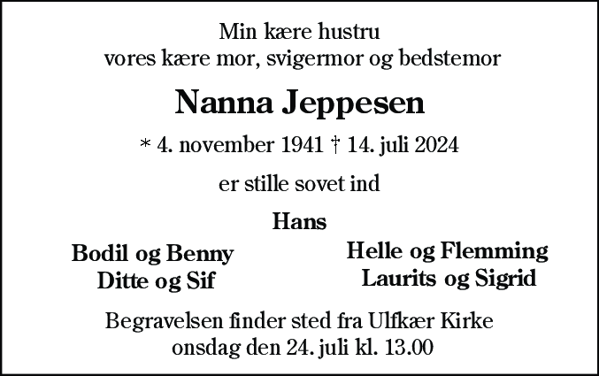 Dødsannonce for Nanna Jeppesen