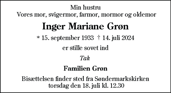 Dødsannonce for Inger Mariane Grøn