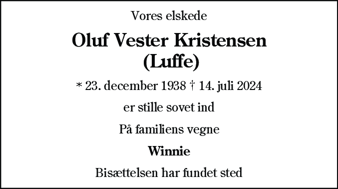Dødsannonce for Oluf Vester Kristensen