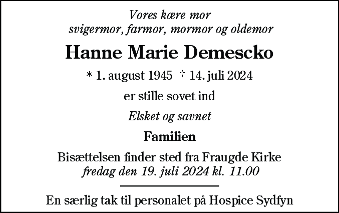 Dødsannonce for Hanne Marie Demescko