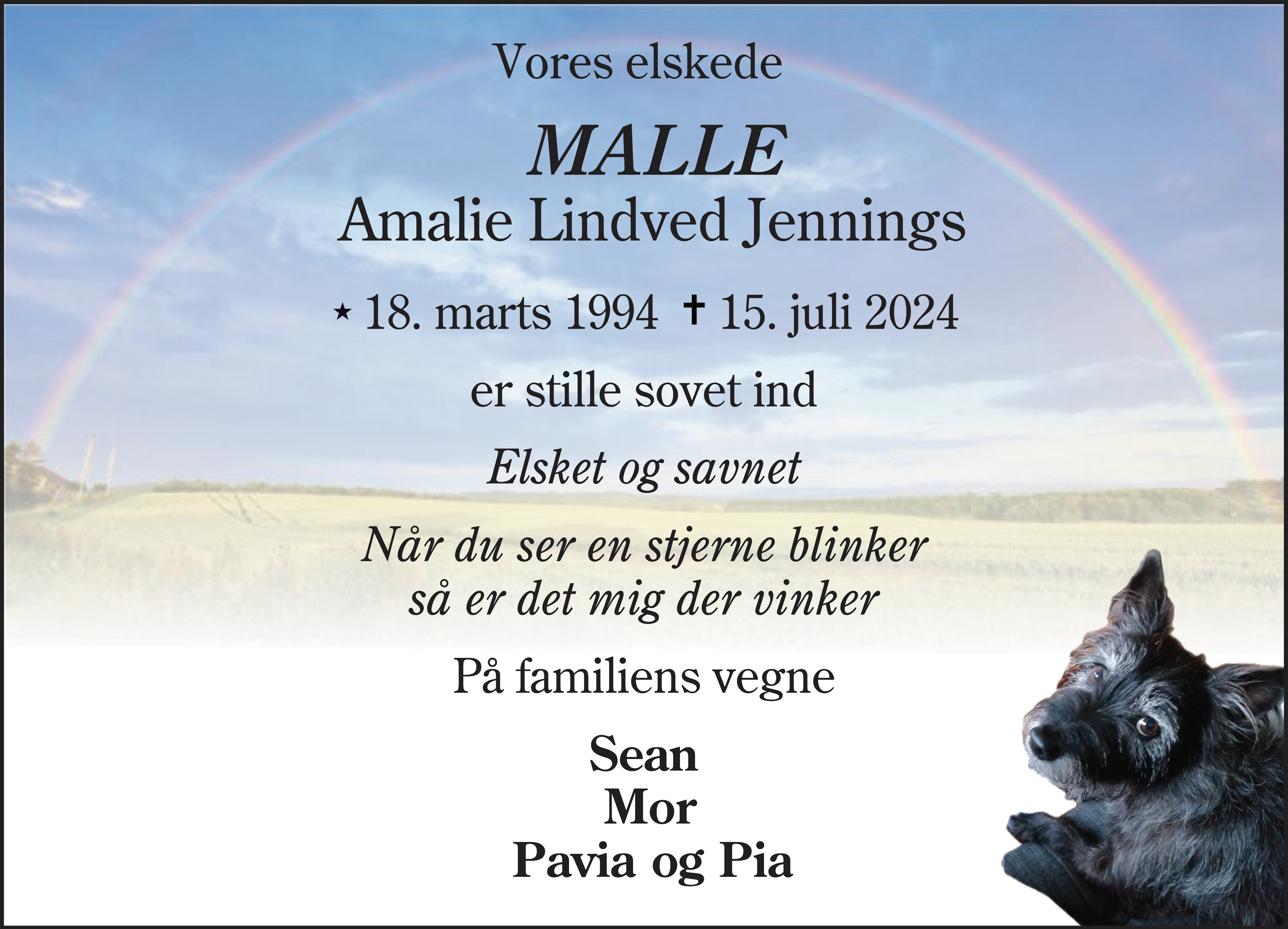 Dødsannonce for Amalie Lindved Jennings