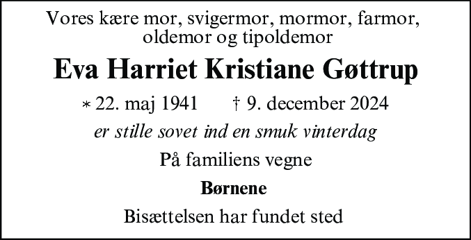 Dødsannonce for Eva Harriet Kristiane Gøttrup