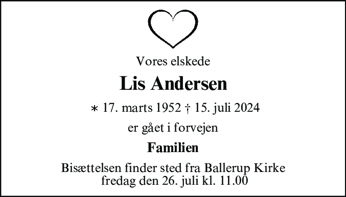 Dødsannonce for Lis Andersen
