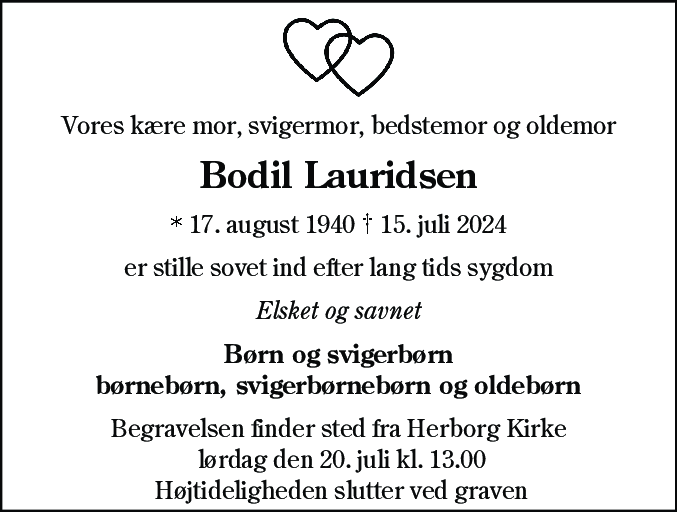 Dødsannonce for Bodil Lauridsen