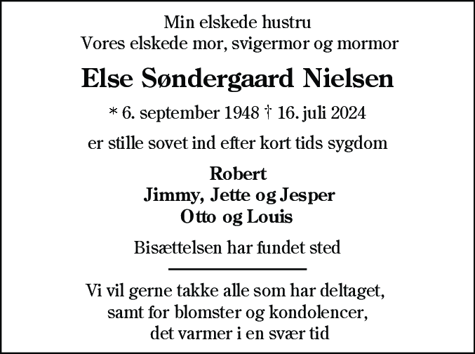 Dødsannonce for Else Søndergaard Nielsen