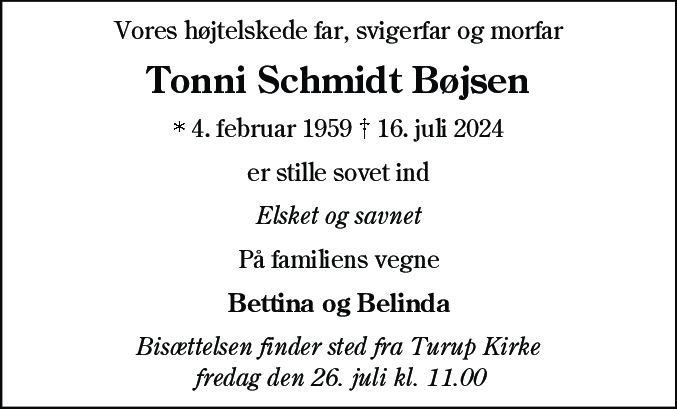 Dødsannonce for Tonni Schmidt Bøjsen