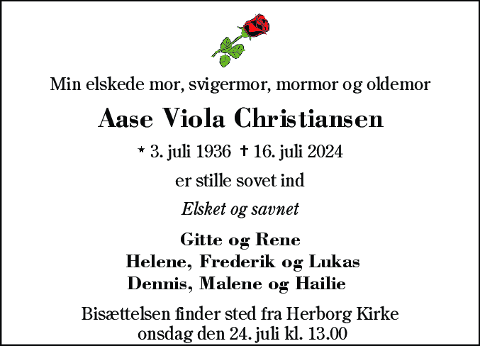 Dødsannonce for Aase Viola Christiansen