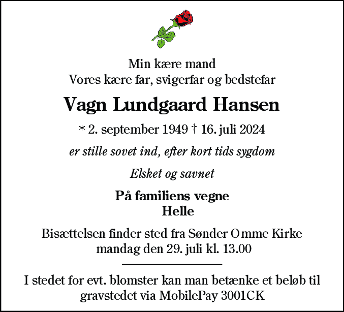 Dødsannonce for Vagn Lundgaard Hansen