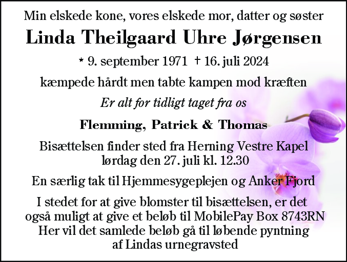 Dødsannonce for Linda Theilgaard Uhre Jørgensen