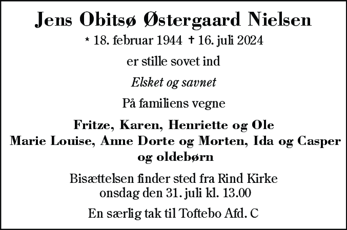 Dødsannonce for Jens Obitsø Østergaard Nielsen