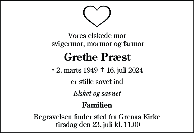 Dødsannonce for Anna Margrethe Pedersen Præst