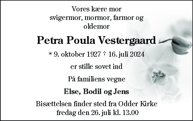 Dødsannonce for Petra Poula Vestergaard