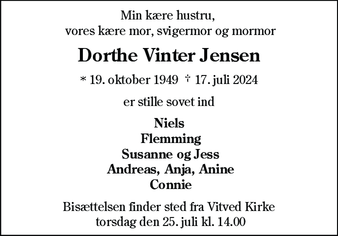 Dødsannonce for Dorthe Vinter Jensen