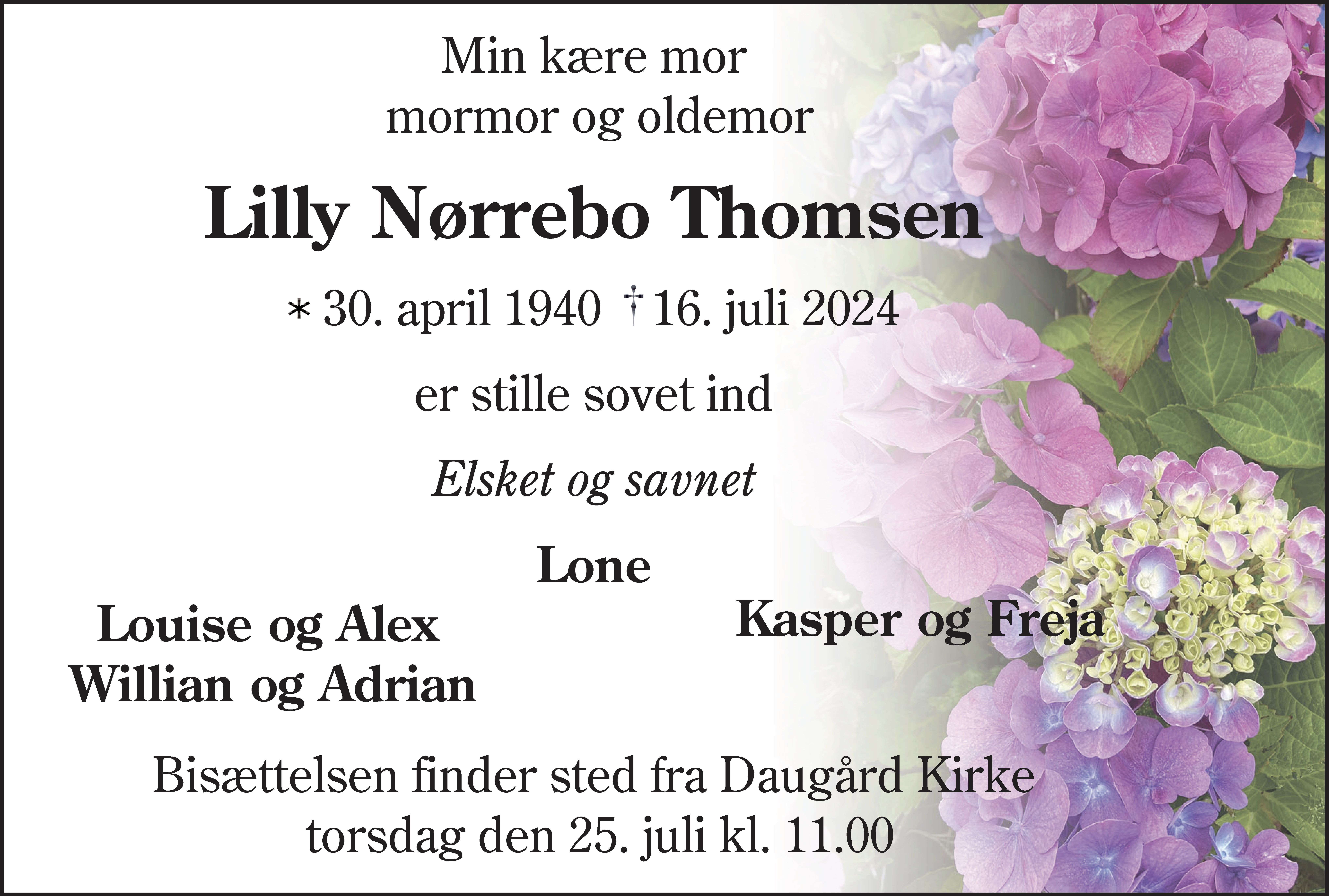 Dødsannonce for Lilly Nørrebo Thomsen