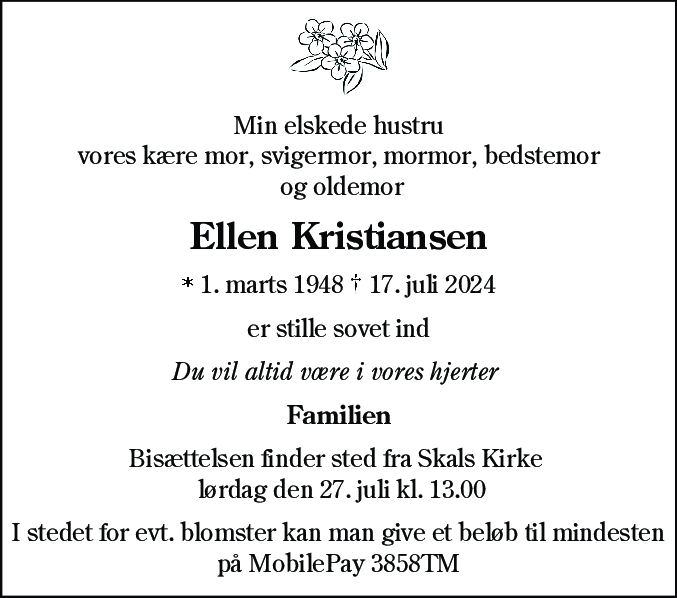 Dødsannonce for Ellen Kristiansen