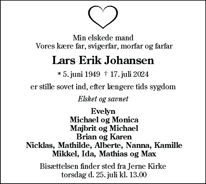 Dødsannonce for Lars Erik Johansen