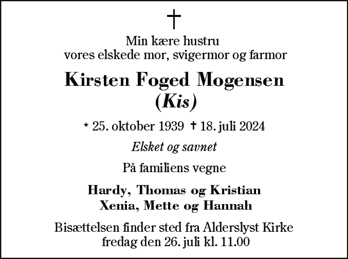 Dødsannonce for Kirsten Foged Mogensen