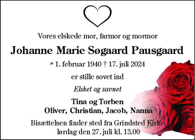 Dødsannonce for Johanne Marie Søgaard Pausgaard