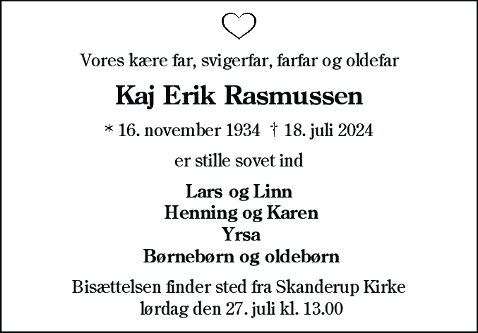 Dødsannonce for Kaj Erik Rasmussen