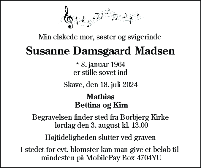Dødsannonce for Susanne Damsgaard Madsen