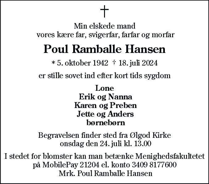Dødsannonce for Poul Ramballe Hansen