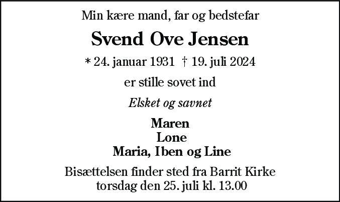 Dødsannonce for Svend Ove Jensen