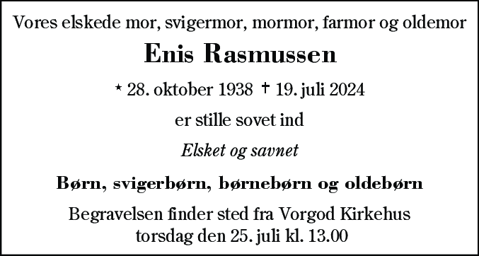 Dødsannonce for Enis Rasmussen