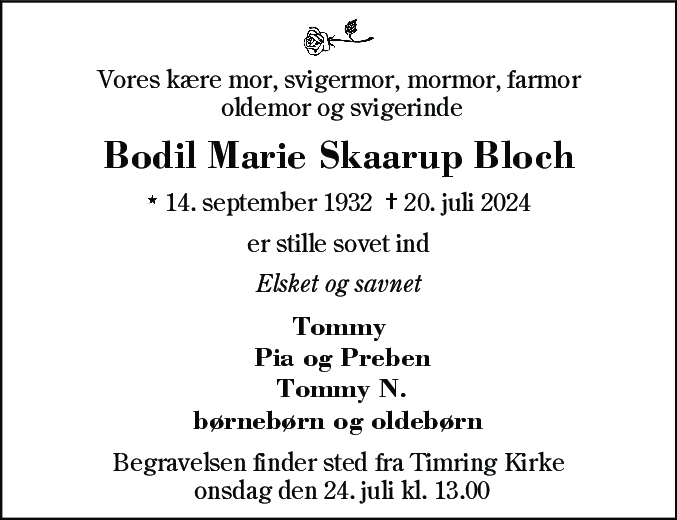 Dødsannonce for Bodil Marie Skaarup Bloch