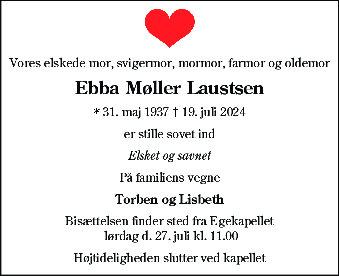 Dødsannonce for Ebba Møller Laustsen