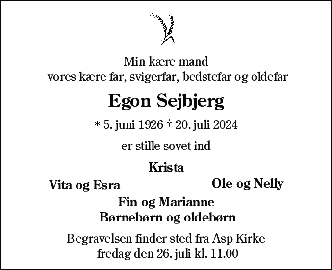 Dødsannonce for Egon Frede Sejbjerg