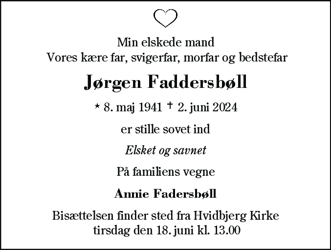 Dødsannonce for Jørgen Faddersbøll