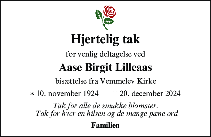 Dødsannonce for Aase Birgit Lilleaas