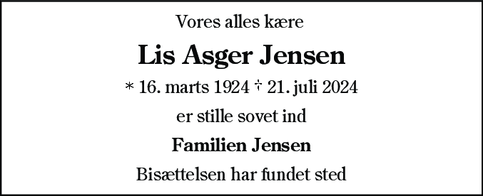 Dødsannonce for Lis Asger Jensen