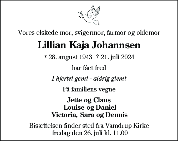 Dødsannonce for Lillian Kaja Johannsen
