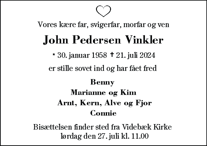 Dødsannonce for John Vinkler
